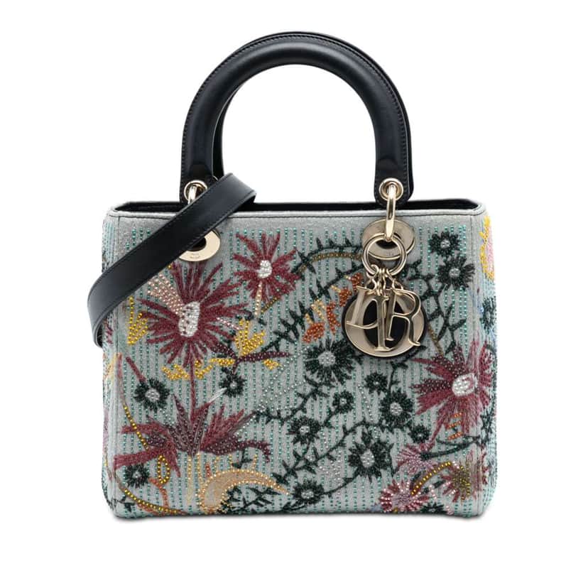 Dior Medium Canvas and Calfskin Beaded Embroidered Jardin De Minuit Lady Dior Grey Canvas Good condition - Front View