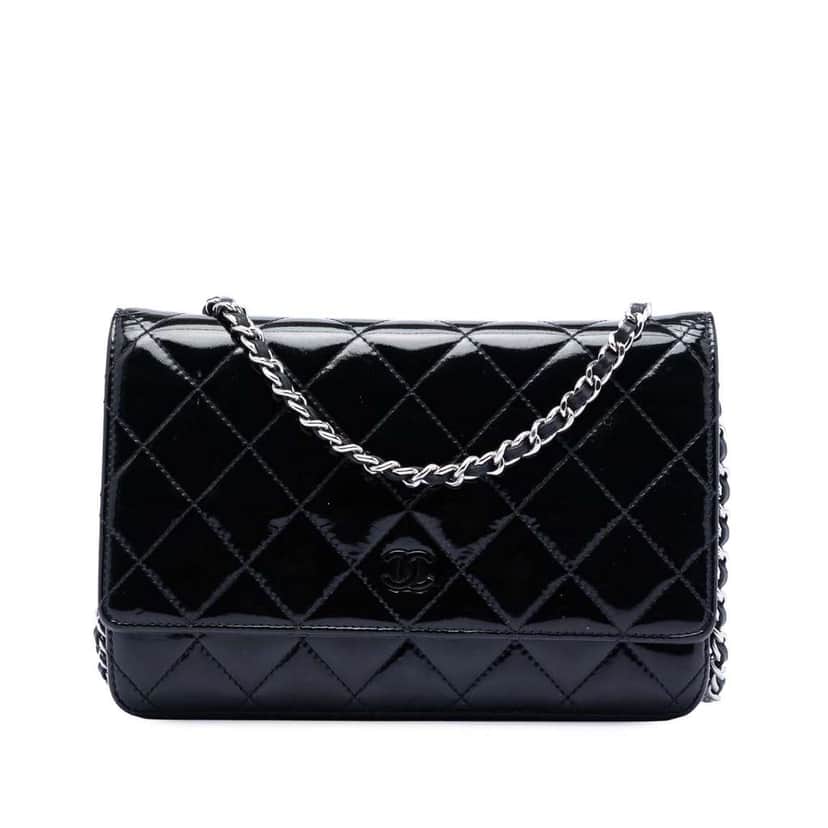 Chanel CC Quilted Patent Wallet On Chain Black Leather Good condition - Front View