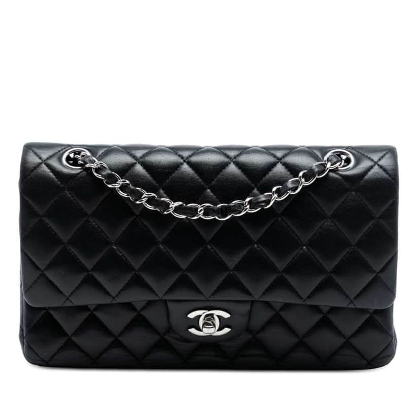 Chanel Medium Classic Lambskin Double Flap Black Leather Very good condition - Front View