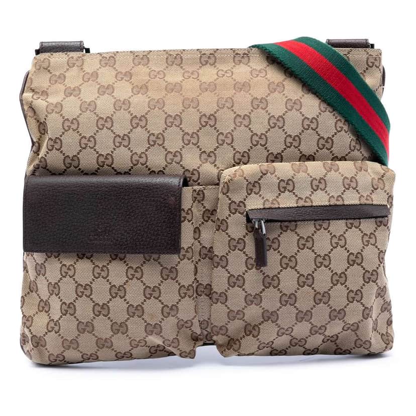 Gucci GG Canvas Web Double Pocket Crossbody Brown Canvas Very good condition - Front View