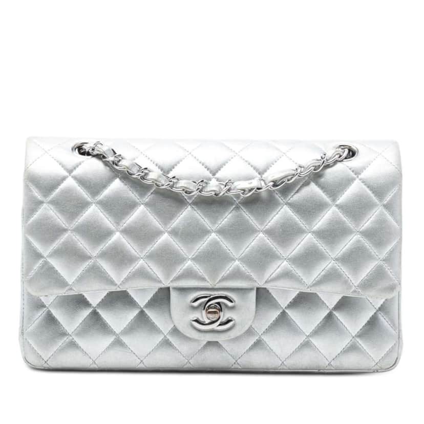 Chanel Medium Classic Metallic Lambskin Double Flap Silver Leather Good condition - Front View