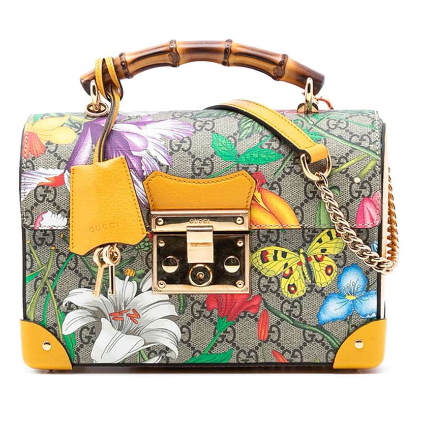 Gucci Small GG Supreme Flora Bamboo Padlock Satchel Brown Canvas Good condition - Front View