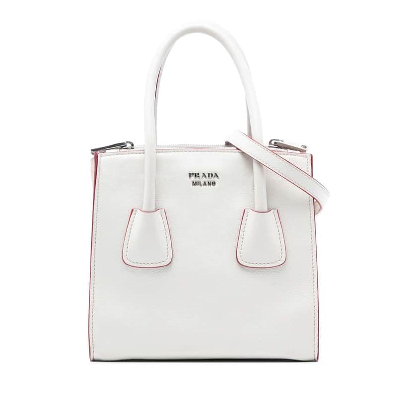 Prada Mini Scamosciato Trimmed Glace Calf Twin Pocket Satchel White Leather Very good condition - Front View
