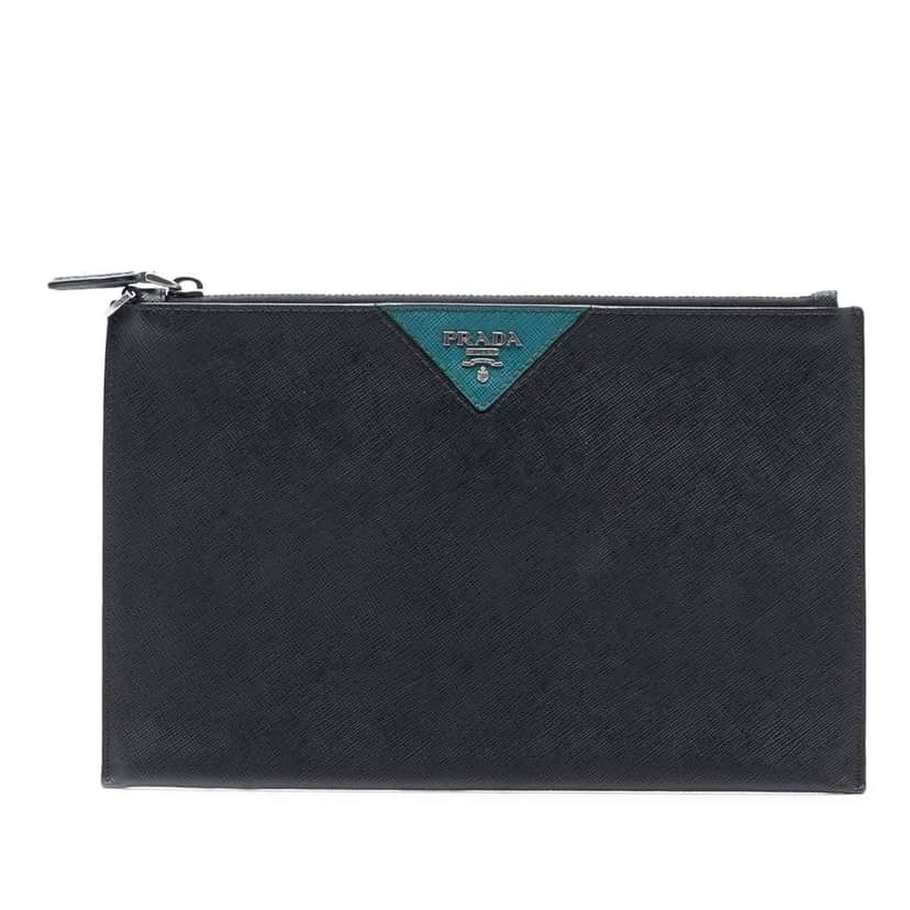 Prada Saffiano Clutch Black Leather Very good condition - Front View