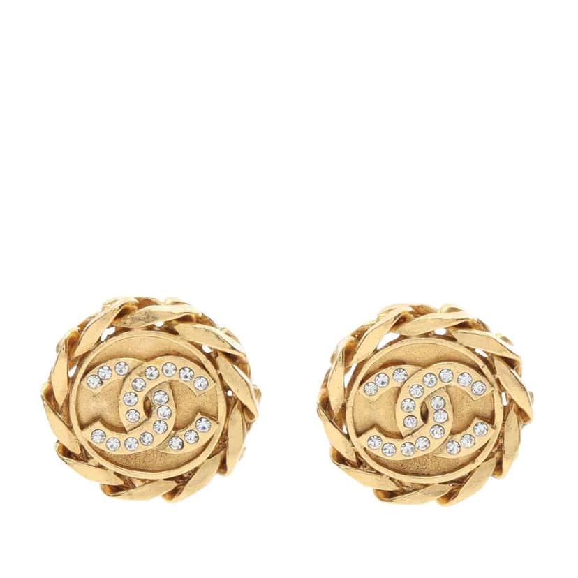 Chanel CC Gold Plated Rhinestone Round Clip On Earrings Gold Metal Good condition - Front View