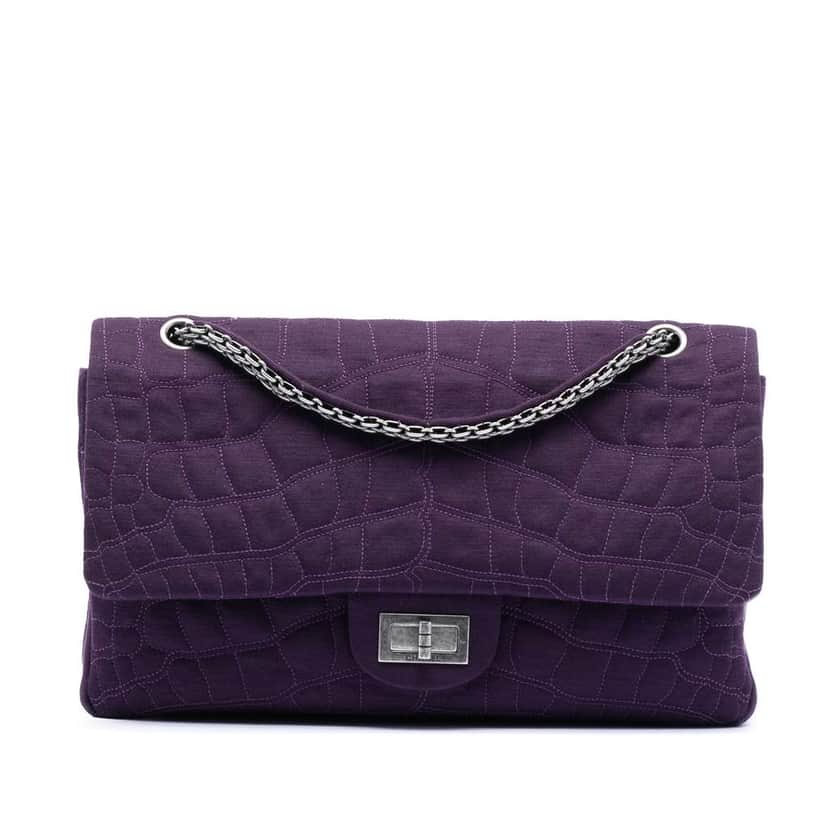 Chanel Quilted Jersey Coco Croc Reissue 2.55 Double Flap 227 Purple Cotton Very good condition - Front View