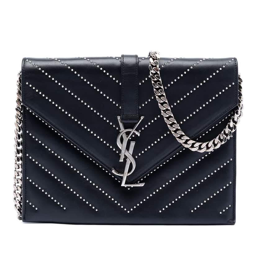 Saint Laurent Studded Chevron Calfskin Monogram Envelope Chain Flap Black Leather Very good condition - Front View