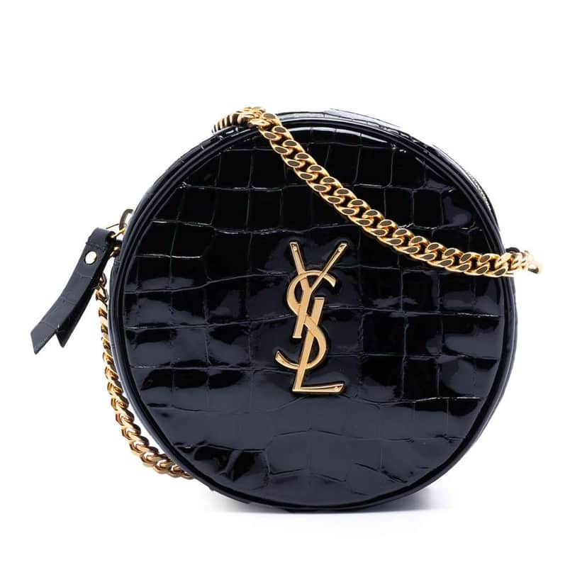 Saint Laurent Croc Embossed Patent Round Vinyle Camera Bag Black Leather Very good condition - Front View