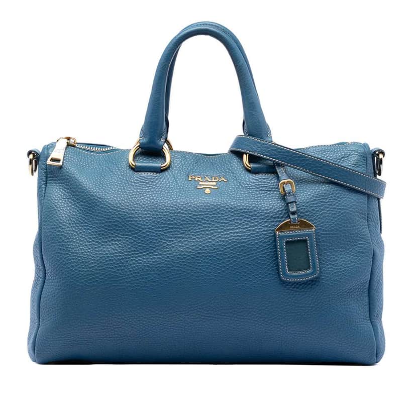 Prada Vitello Daino Zip Top Satchel Blue Leather Very good condition - Front View