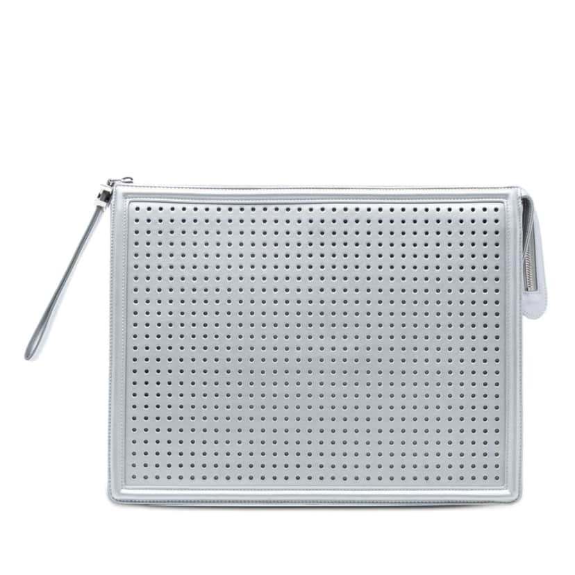 Chanel Perforated Metallic Lambskin Led Boy 2.0 Clutch Silver Leather Good condition - Front View