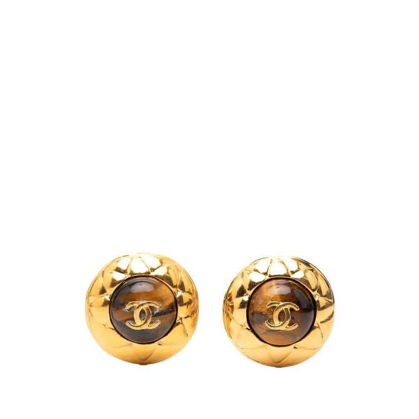 Chanel Gold Plated CC and Resin Tigers Eye Dome Round Clip On Earrings Gold Metal Good condition - Front View