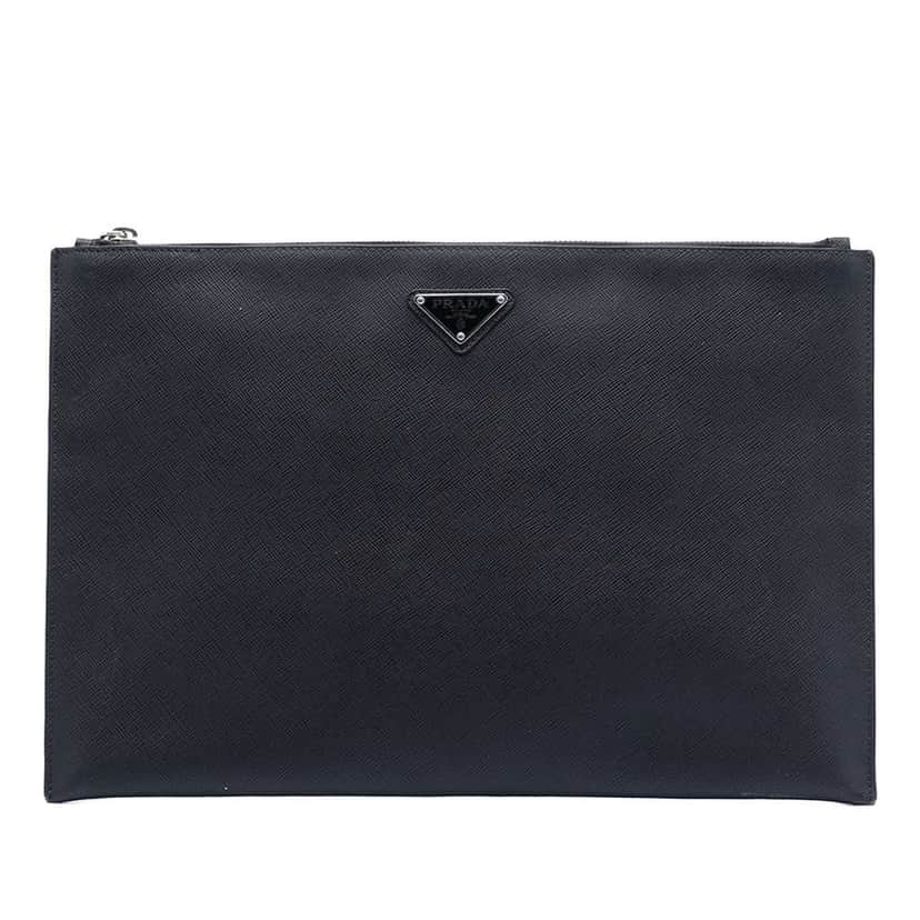 Prada Saffiano Clutch Black Leather Very good condition - Front View