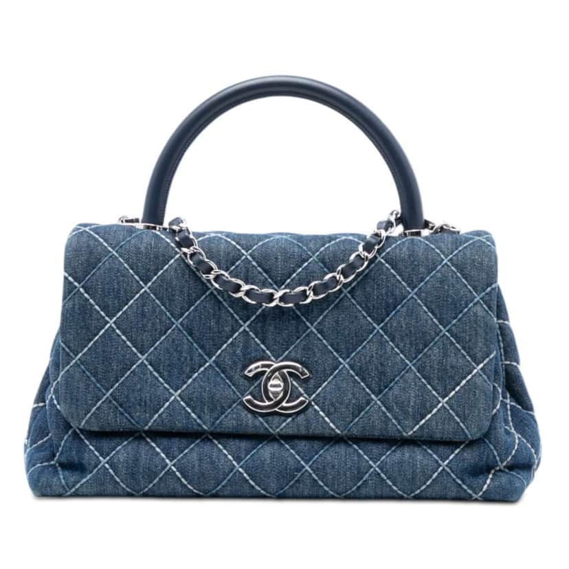 Chanel Small Quilted Denim Coco Top Handle Bag Blue Denim Good condition - Front View