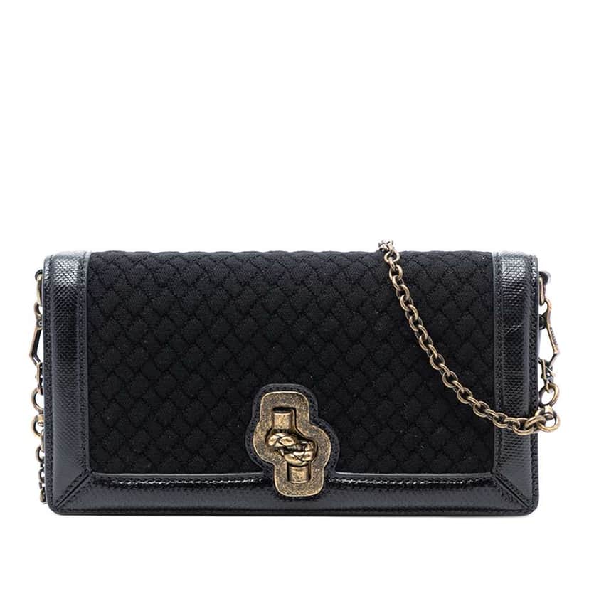 Bottega Veneta Karung Trimmed Knit Intrecciato Knot Clutch On Chain Black Wool Very good condition - Front View