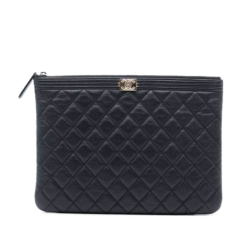 Chanel Medium Quilted Caviar Boy O Case Clutch Black Leather Good condition - Front View