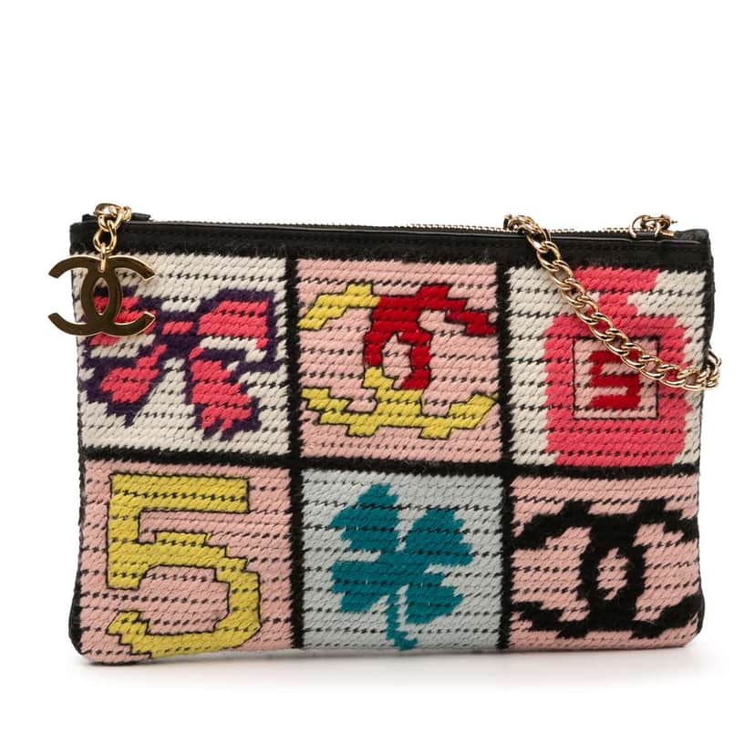 Chanel Wool Needlepoint Precious Symbols Pochette Black Wool Good condition - Front View