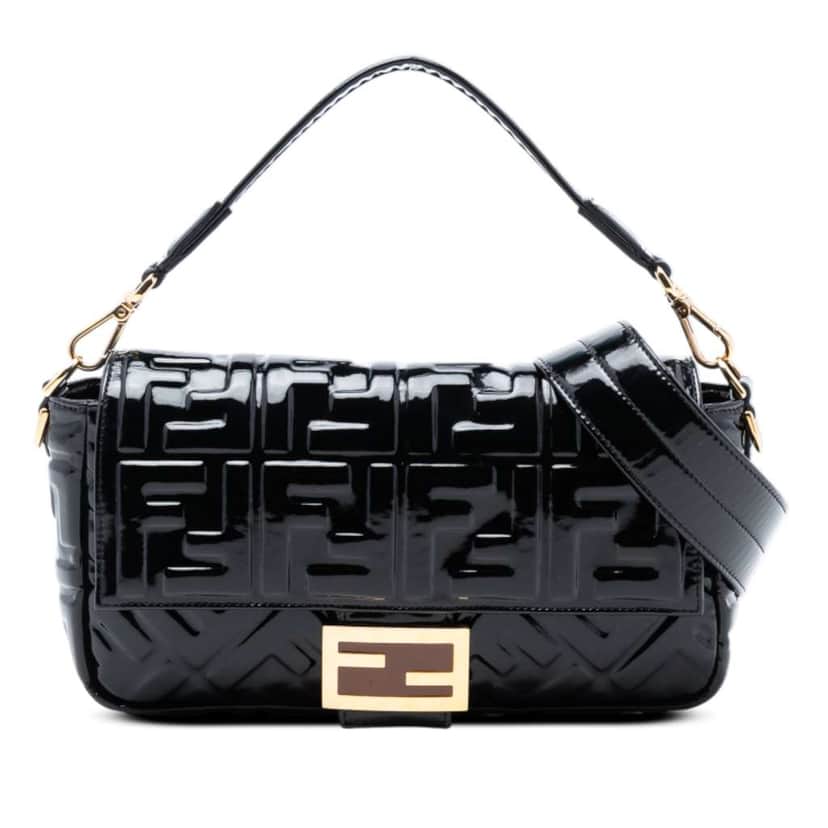 Fendi Medium Zucca Embossed Patent Baguette Satchel Black Leather Good condition - Front View