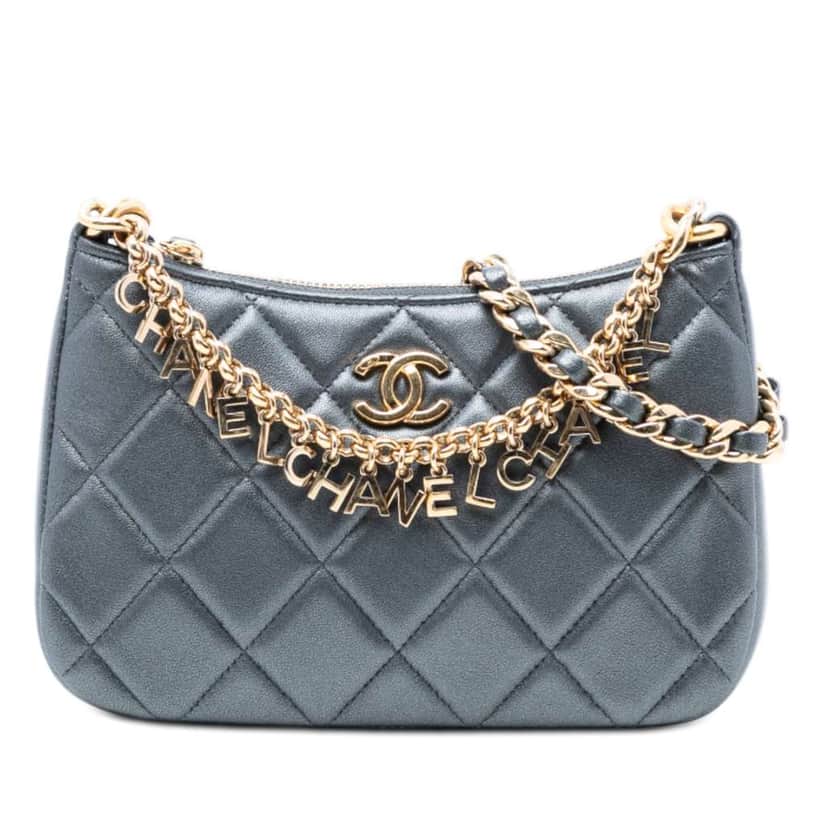 Chanel CC Quilted Metallic Lambskin Logo Chain Satchel Grey Leather Good condition - Front View