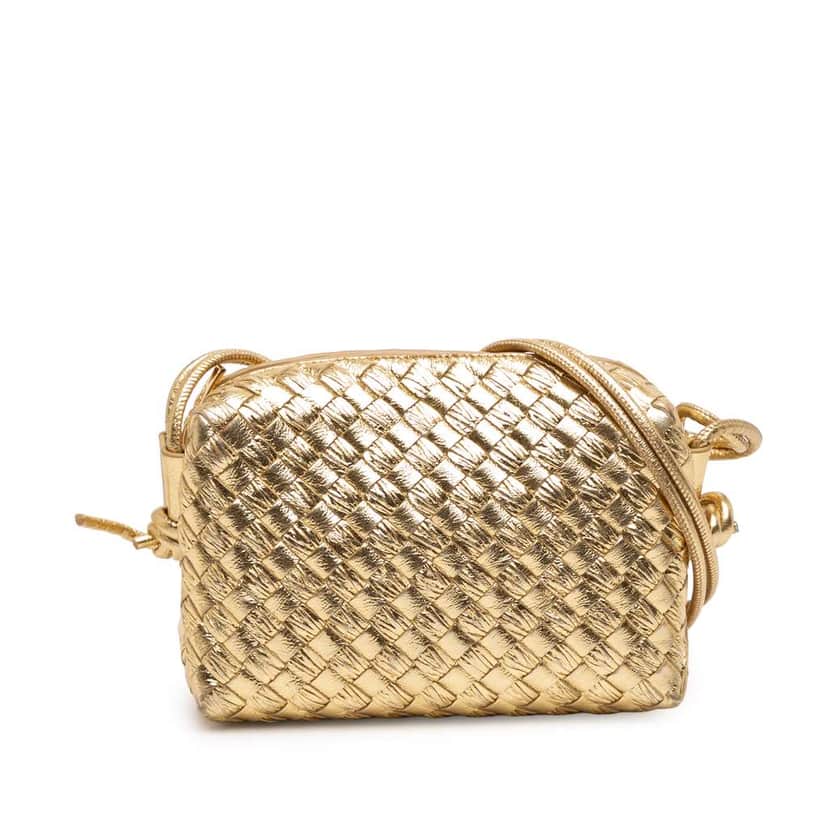 Bottega Veneta Mini Metallic Lambskin Intrecciato Loop Camera Bag Gold Leather Good condition - Front View