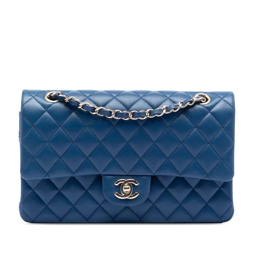 Chanel Medium Classic Lambskin Double Flap Blue Leather Good condition - Front View