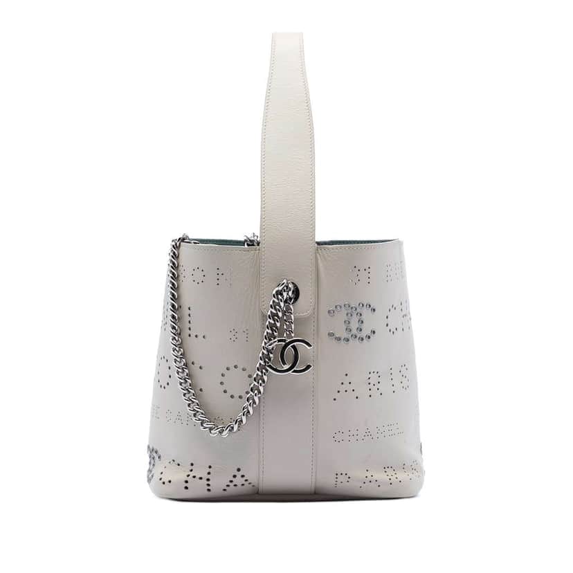 Chanel Small Perforated Calfskin Logo Eyelet Bucket Bag White Leather Very good condition - Front View