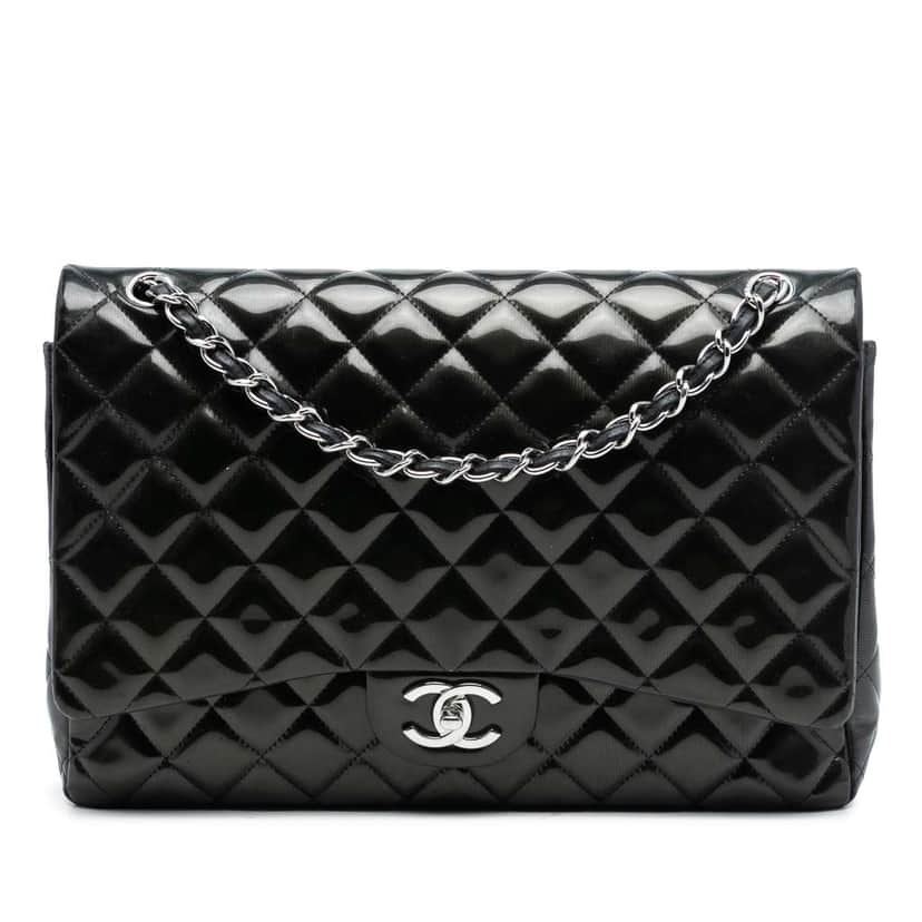Chanel Maxi Classic Striped Patent Double Flap Black Leather Very good condition - Front View