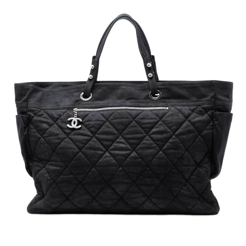 Chanel XL Quilted Coated Canvas Paris Biarritz Tote Black Canvas Very good condition - Front View