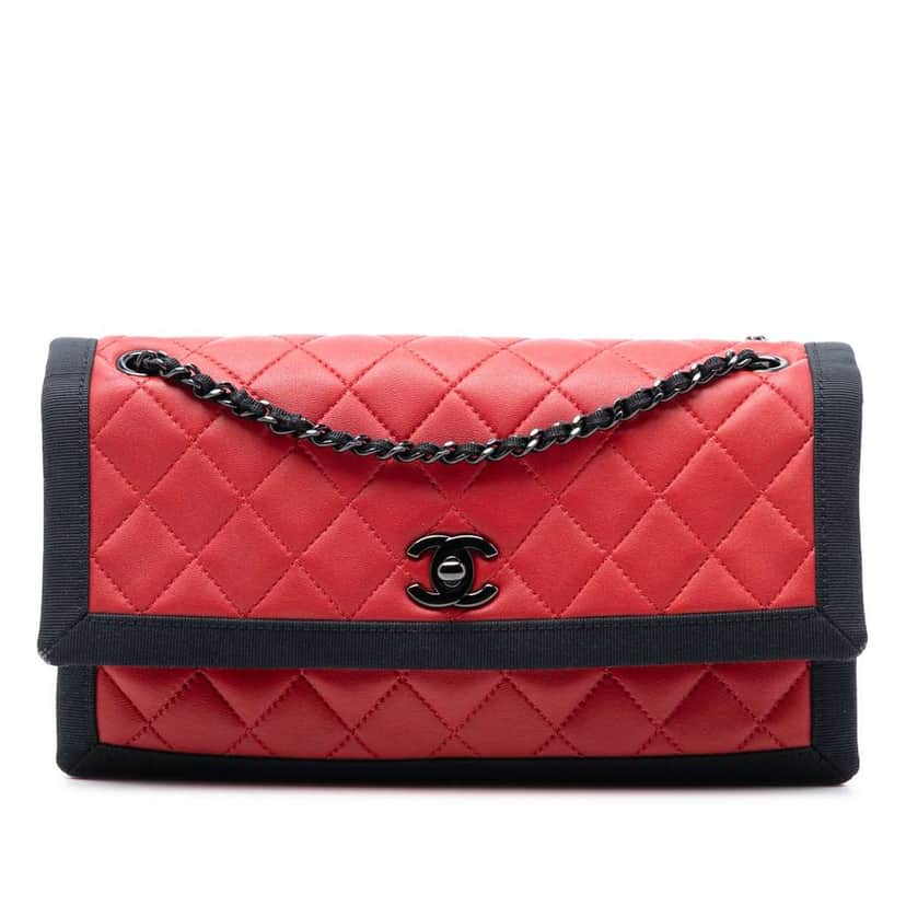 Chanel Medium CC Bicolor Quilted Lambskin Grosgrain Single Flap Red Leather Good condition - Front View