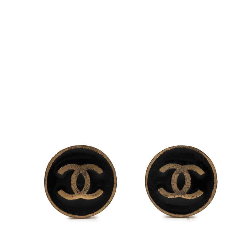 Chanel CC Gold Plated and Enamel Round Button Clip On Earrings Gold Metal Very good condition - Front View