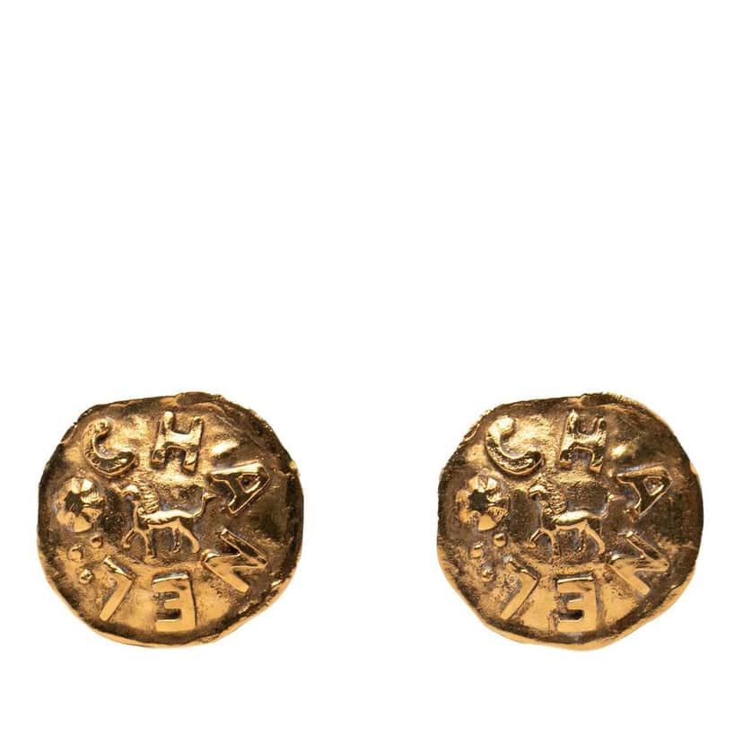 Chanel Gold Plated Logo and Lion Clip On Earrings Gold Metal Very good condition - Front View