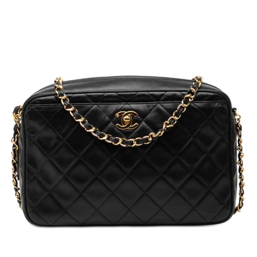 Chanel CC Quilted Lambskin Camera Bag Black Leather Good condition - Front View