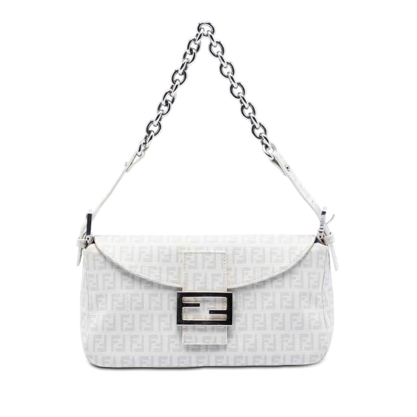 Fendi Zucchino Spalmati Double Flap Chain Shoulder Bag White Canvas Very good condition - Front View