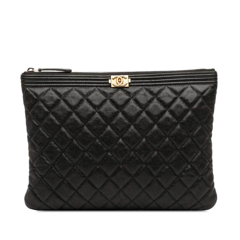 Chanel Medium Quilted Caviar Boy O Case Clutch Black Leather Very good condition - Front View
