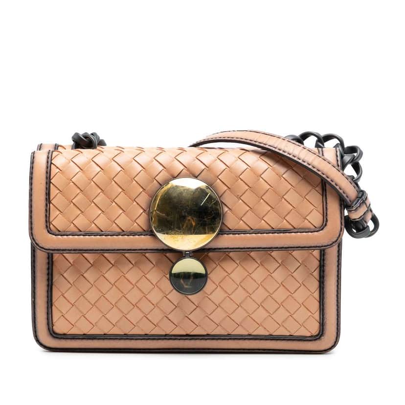 Bottega Veneta Nappa Intrecciato Mirror Lens Double Sided Flap Shoulder Bag Brown Leather Very good condition - Front View