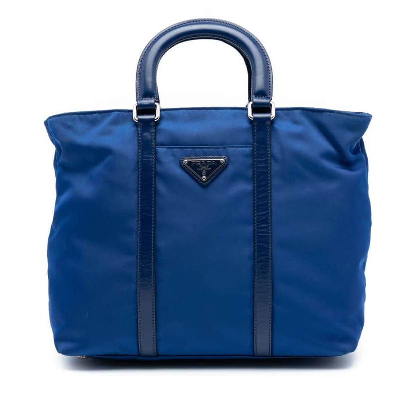 Prada Vitello Trimmed Tessuto Satchel Blue Very good condition - Front View