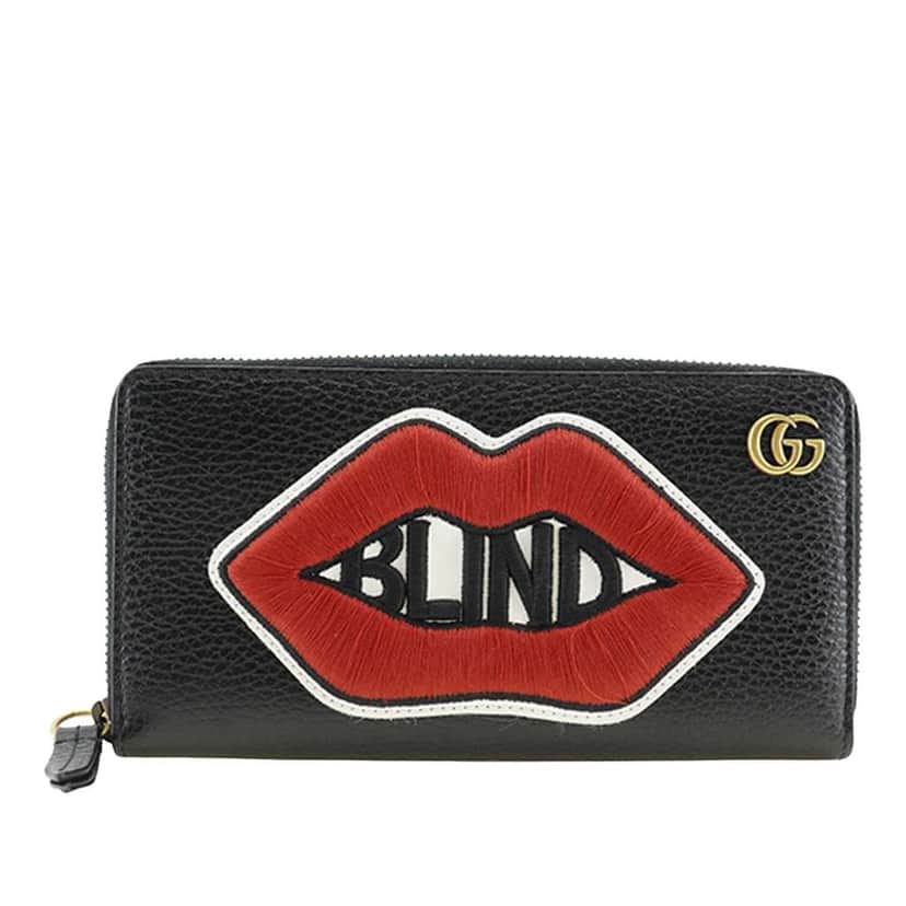 Gucci GG Marmont Pebbled Calfskin Embroidered Blind For Love Zip Around Wallet Black Leather Very good condition - Front View