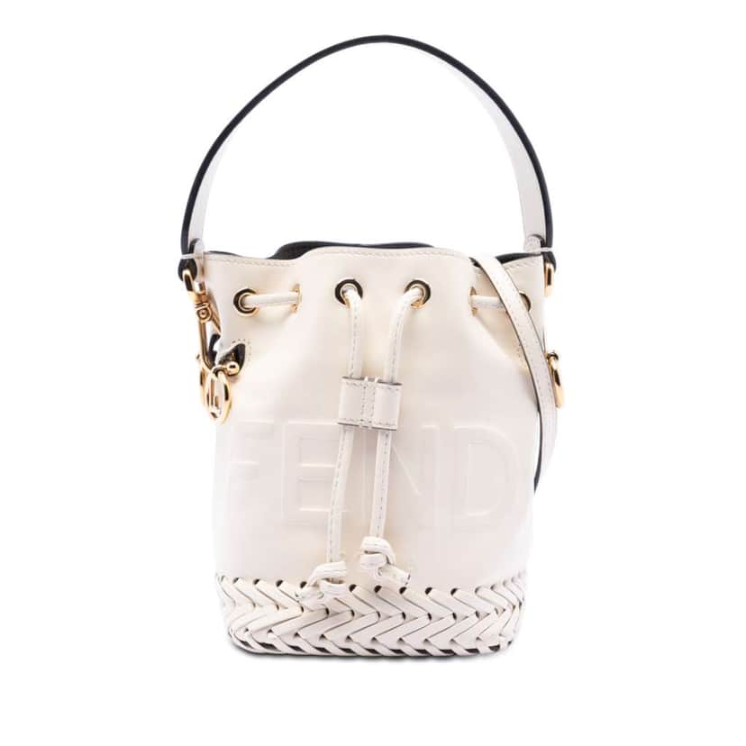 Fendi Mini Embossed Leather Whipstitch Mon Tresor Bucket Bag White Leather Very good condition - Front View