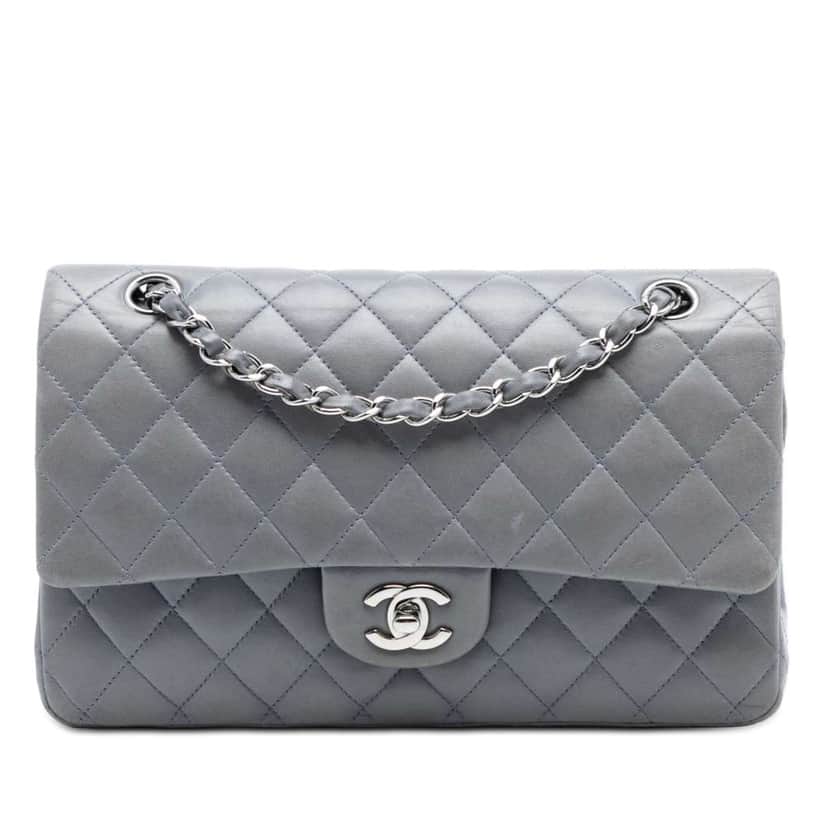 Chanel Medium Classic Lambskin Double Flap Grey Leather Very good condition - Front View