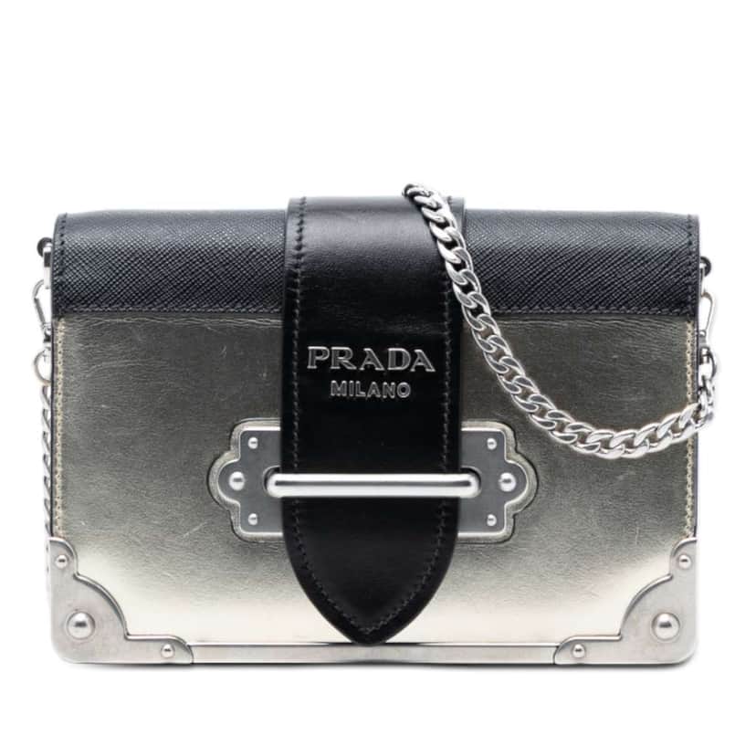 Prada Saffiano Trimmed Metallic Vitello Cahier Bag Gold Leather Very good condition - Front View
