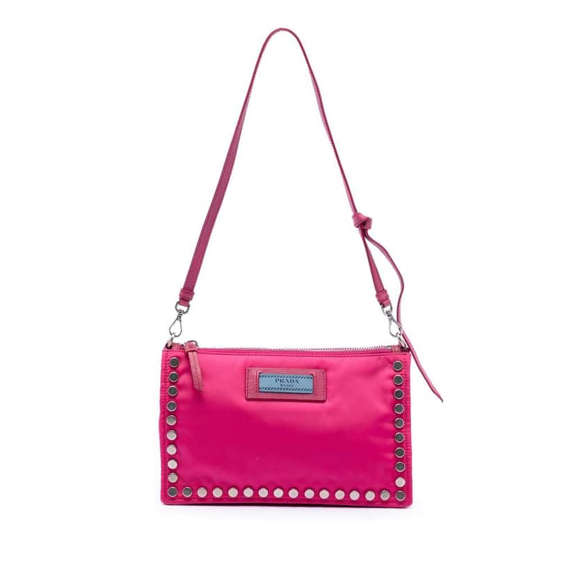 Prada Tessuto Studded Etiquette Shoulder Bag Pink Very good condition - Front View