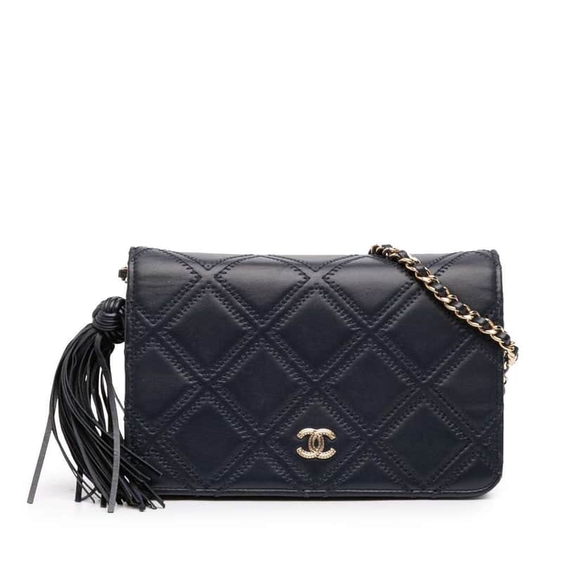 Chanel CC Quilted Lambskin Double Stitch Tassel Wallet On Chain Blue Leather Good condition - Front View