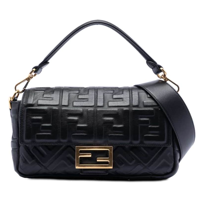 Fendi Zucca Embossed Leather Baguette Satchel Black Leather Good condition - Front View