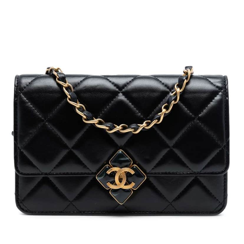 Chanel CC Quilted Lambskin Diamond Lock Wallet on Chain Black Leather Very good condition - Front View