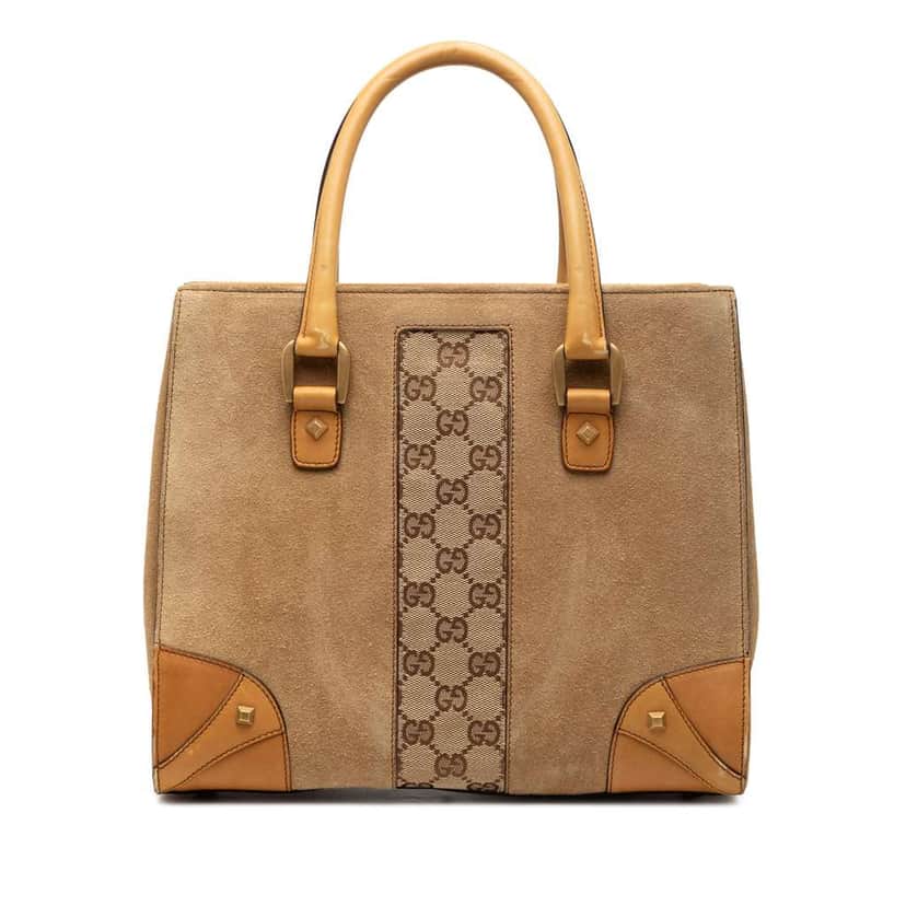 Gucci Suede GG Canvas Nailhead Handbag Brown Leather Good condition - Front View