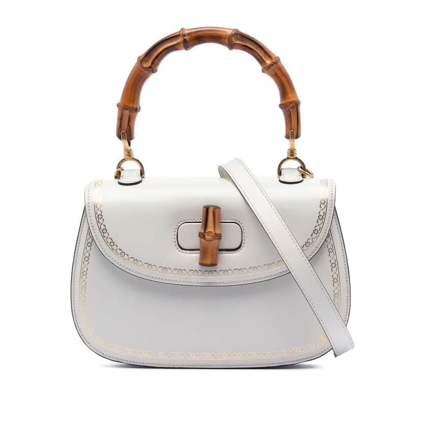 Gucci Calfskin Frame Print Bamboo Top Handle Bag White Leather Very good condition - Front View