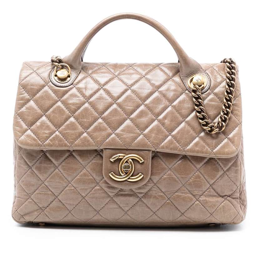 Chanel Large Glazed Calfskin Castle Rock Top Handle Flap Brown Leather Good condition - Front View
