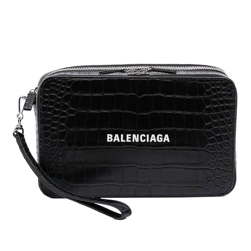 Balenciaga Croc Embossed Leather Wristlet Clutch Black Leather Very good condition - Front View