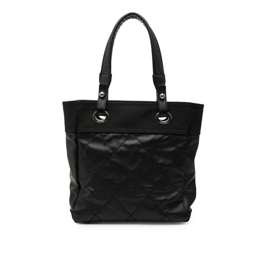 Chanel Small Quilted Coated Canvas Paris Biarritz Tote Black Canvas Very good condition - Front View