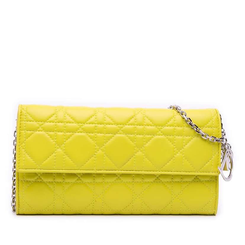 Dior Lambskin Cannage Lady Dior Wallet On Chain Yellow Leather Good condition - Front View