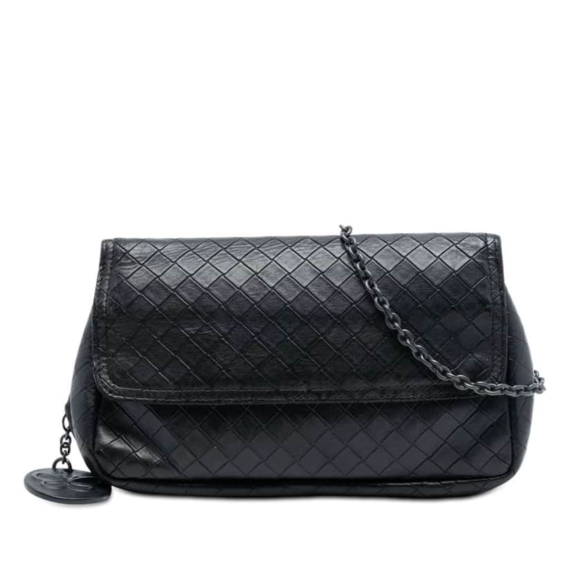 Bottega Veneta Small Calfskin Intrecciomirage Chain Flap Crossbody Black Leather Good condition - Front View